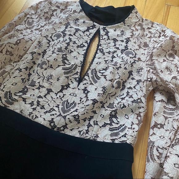 Alexis black beige mini tie back dress long sleeve - Picture 2 of 5